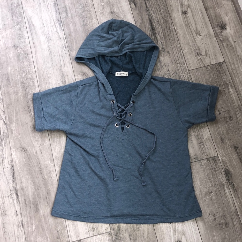 Terry blue lace up crop hoodie